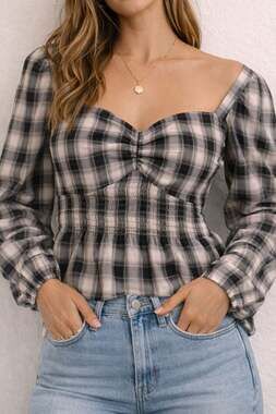 Pleione Plaid Gingham Sweetheart Neckline Puff Sleeve Peplum Top